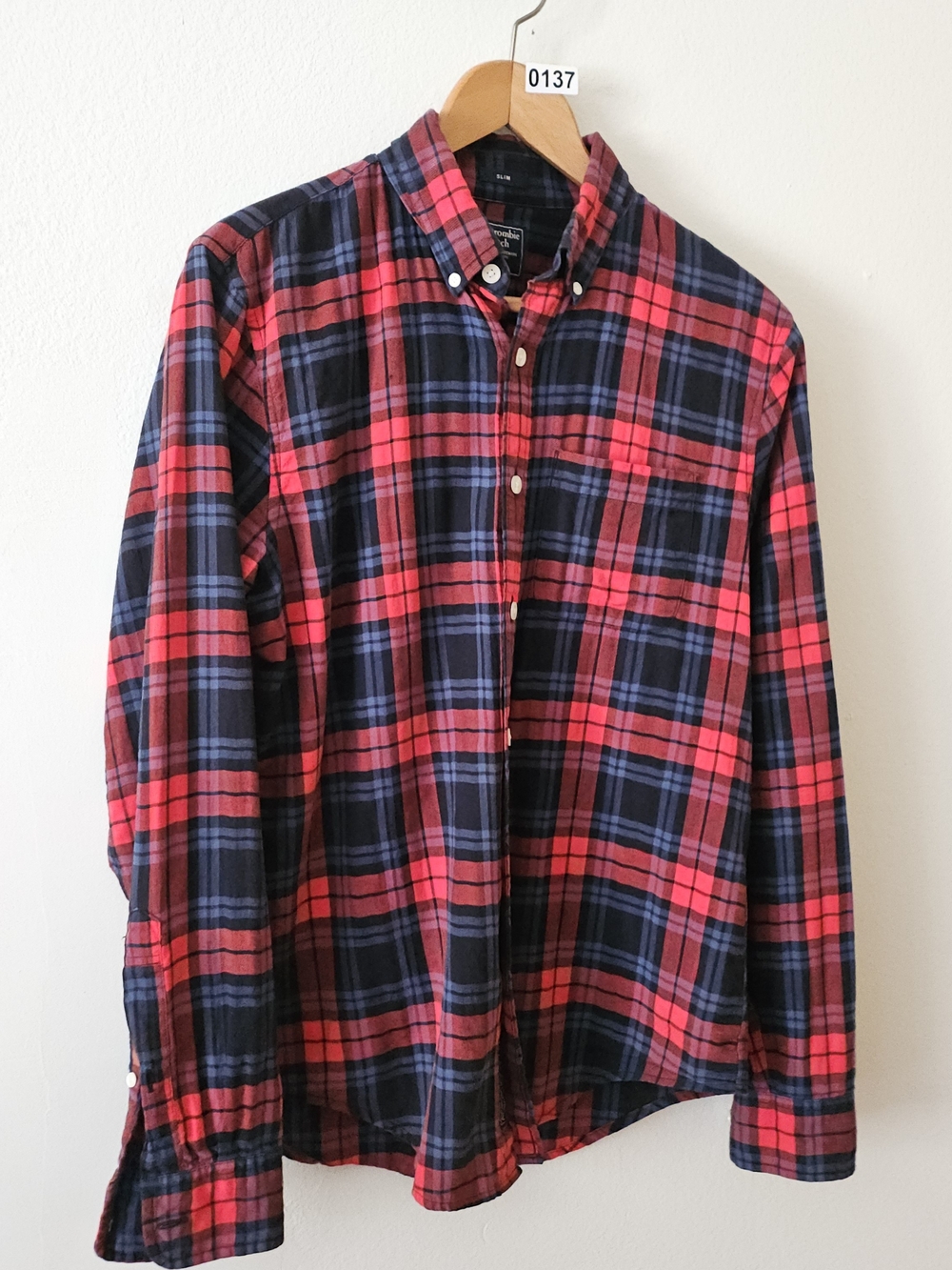 Abercrombie & Fitch Red and Navy Plaid Button-Down Shirt
